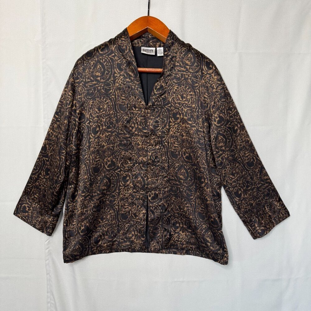 Vintage Chicos Design 100% Silk‎ Brown Tan Black Filigree Print Tunic Jacket